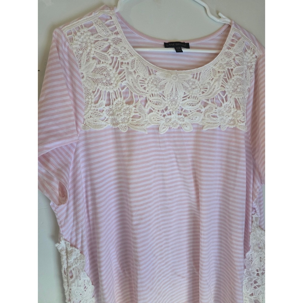 Lane Bryant Pink White Striped Crochet Lace Trim Knit Top Plus Size 22/24 - Picture 3 of 6